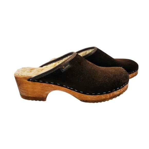 Sven Swedish Shearling Clogs Brown Suede Wood Sole Slip-On Mules 36 - Picture 10 of 10